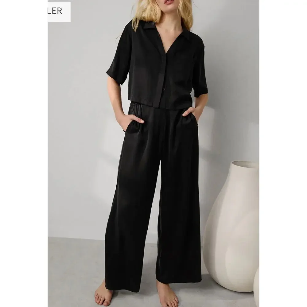 Lunya Split Leg High Rise Washable Silk Pants Immersed Black Size Large - Picture 1 of 12